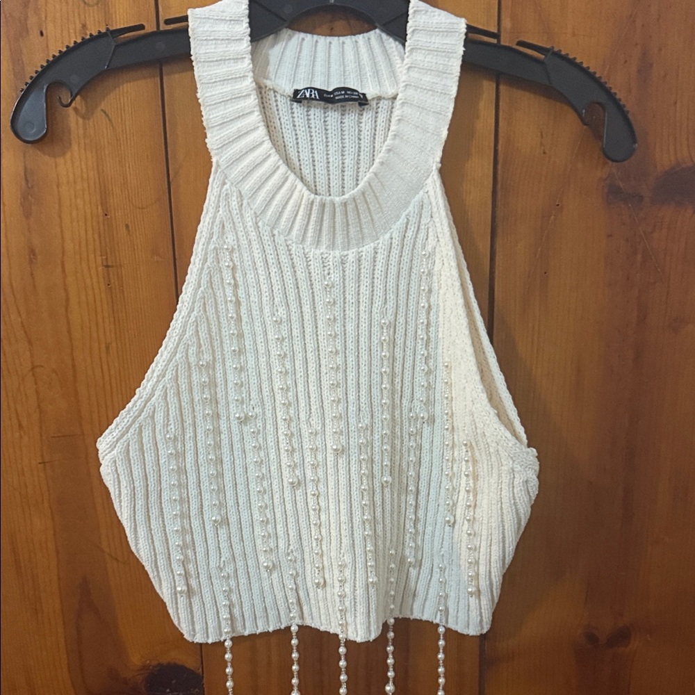 Zara Cream Knit Crop Top with Pearl Details